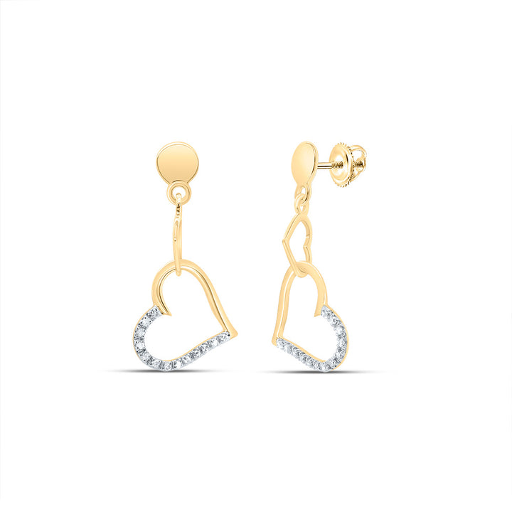 14kt Yellow Gold Womens Round Diamond Linked Hearts Dangle Screwback Earrings 1/10 Cttw