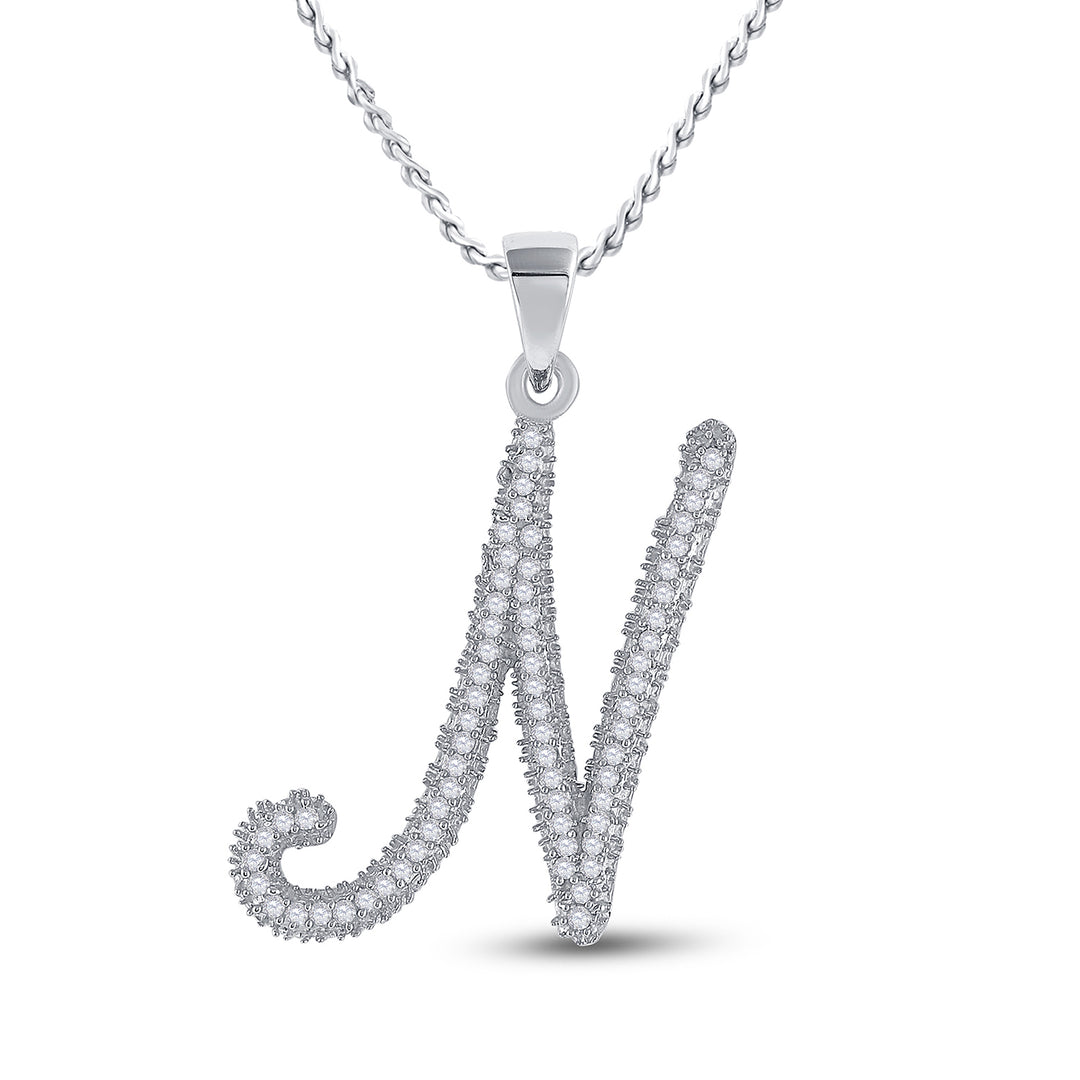 10kt White Gold Womens Round Diamond Cursive Letter N Pendant 1/5 Cttw