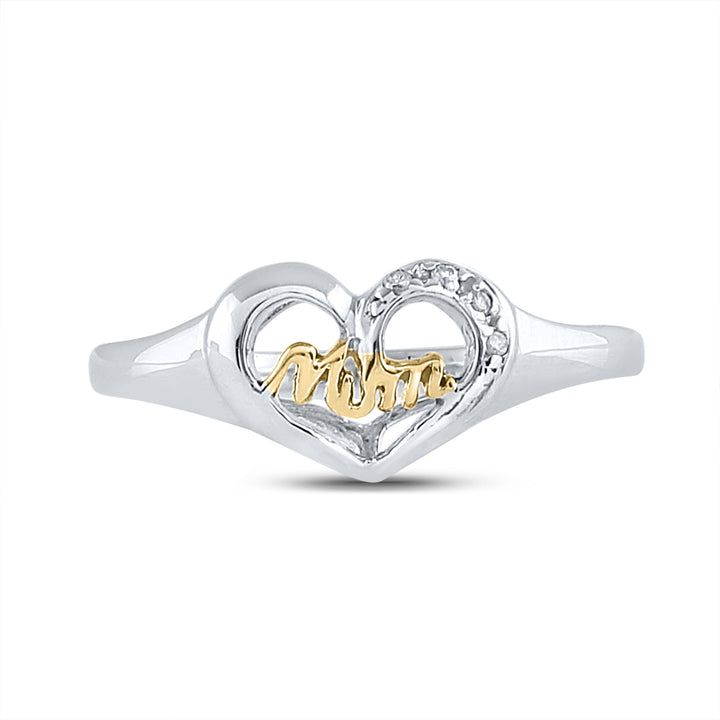 Sterling Silver Womens Round Diamond Mom Mother 2-tone Heart Ring .02 Cttw