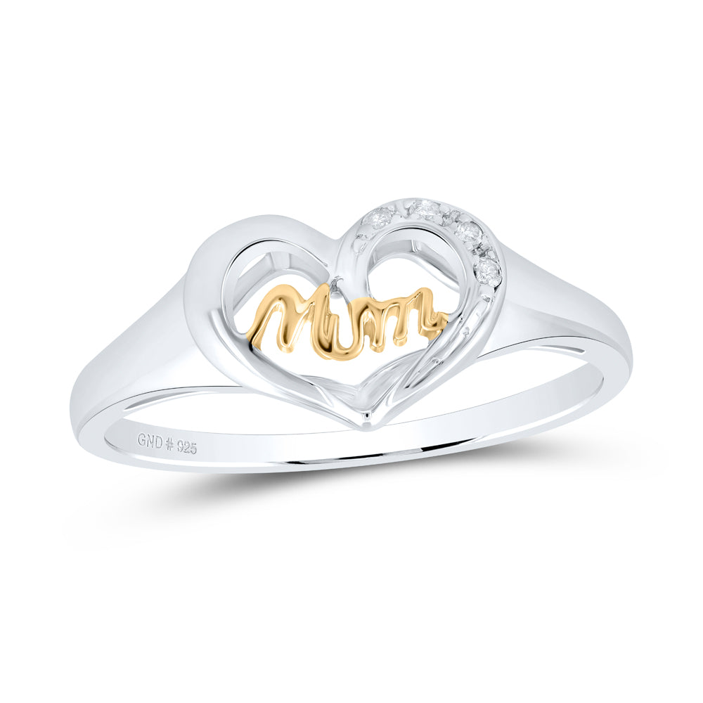 Sterling Silver Womens Round Diamond Mom Mother 2-tone Heart Ring .02 Cttw