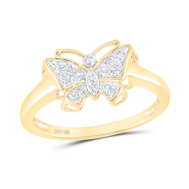 10kt Yellow Gold Womens Round Diamond Butterfly Bug Cluster Ring 1/12 Cttw