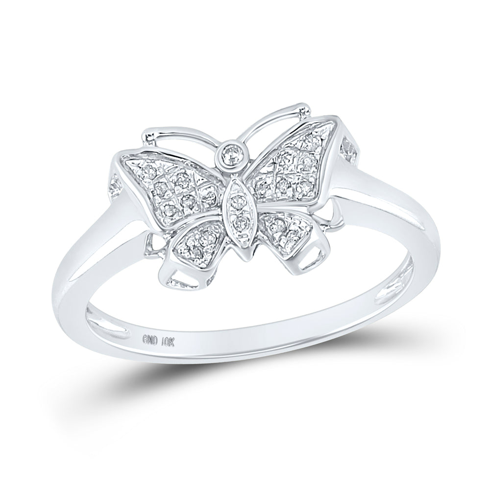 10kt White Gold Womens Round Diamond Butterfly Bug Cluster Fashion Ring 1/12 Cttw