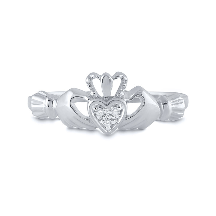 10kt White Gold Womens Round Diamond Claddagh Heart Ring .01 Cttw