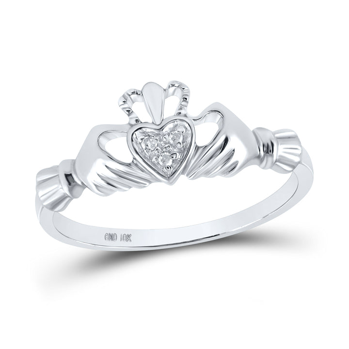 10kt White Gold Womens Round Diamond Claddagh Heart Ring .01 Cttw