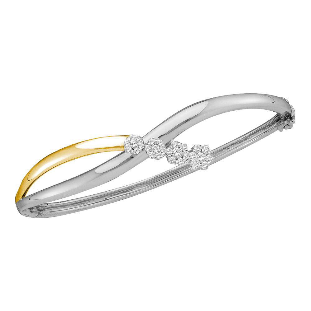 14kt Two-tone Gold Women's Diamond Flower Cluster Bangle Bracelet 1/2 ctw