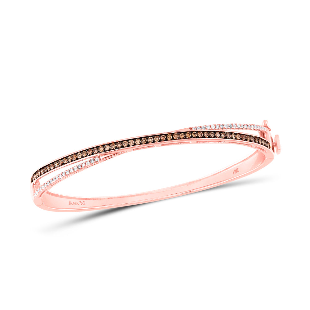 14kt Rose Gold Women's Brown Diamond Crossover Bangle Bracelet 1 ctw