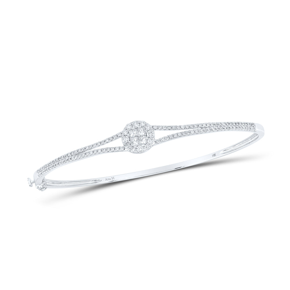 14kt White Gold Women's Princess & Diamond Bangle Bracelet 1 ctw