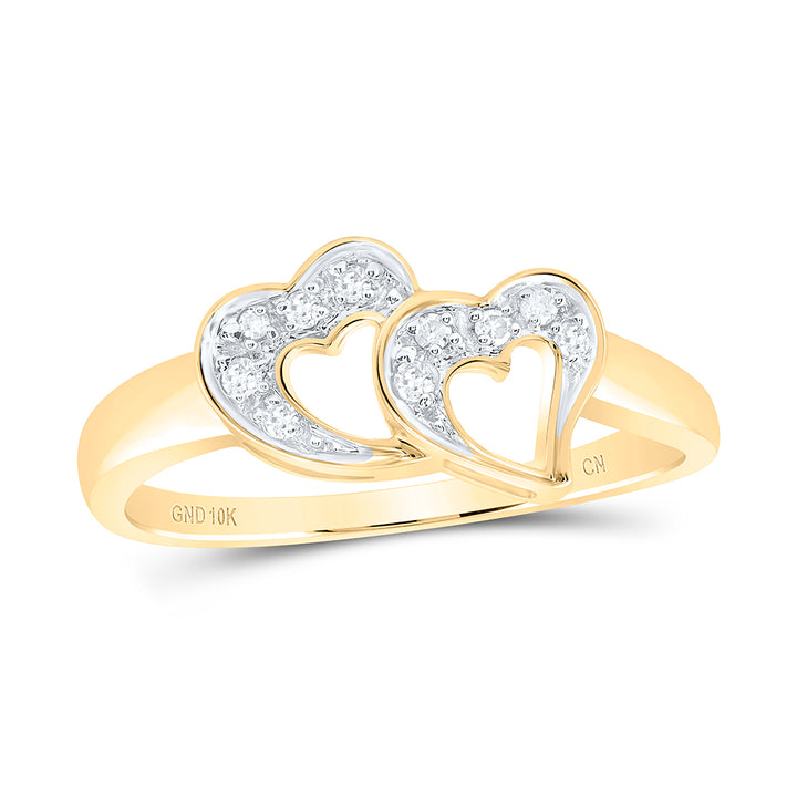 10kt Yellow Gold Womens Round Diamond Double Heart Ring 1/12 Cttw