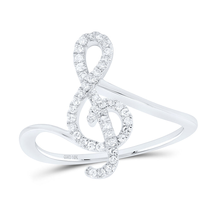 10kt White Gold Womens Round Diamond Treble Clef Music Note Fashion Ring 1/6 Cttw