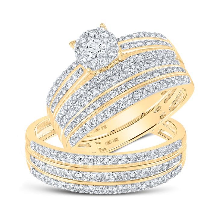 14kt Yellow Gold His & Hers Round Diamond Solitaire Matching Bridal Wedding Ring Band Set 1-1/4 Cttw