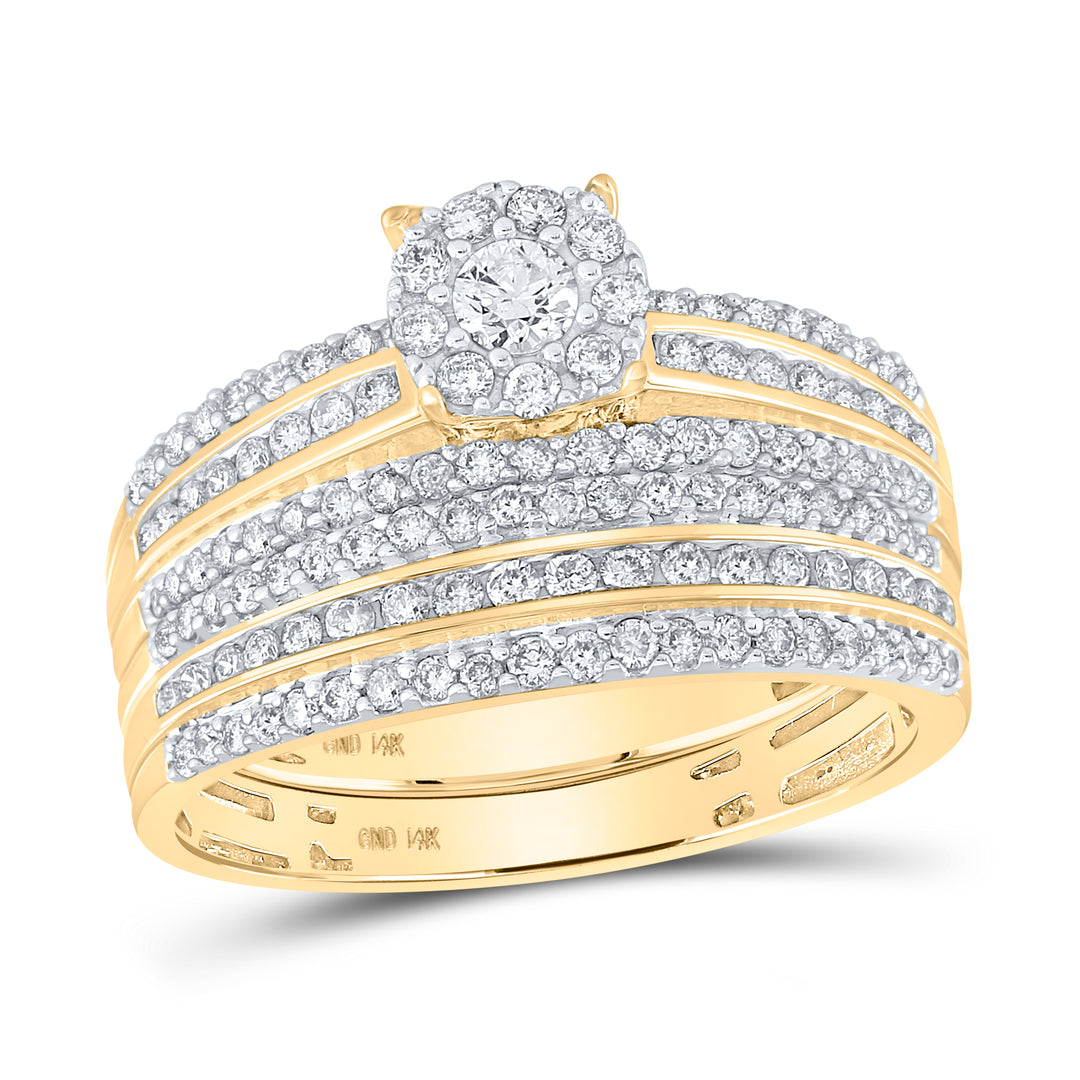 14kt Yellow Gold His & Hers Round Diamond Solitaire Matching Bridal Wedding Ring Band Set 1-1/4 Cttw