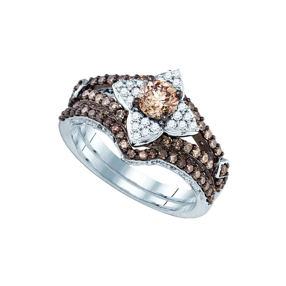14kt White Gold Womens Round Brown Diamond Bridal Wedding Engagement Ring Band Set 1-1/3 Cttw