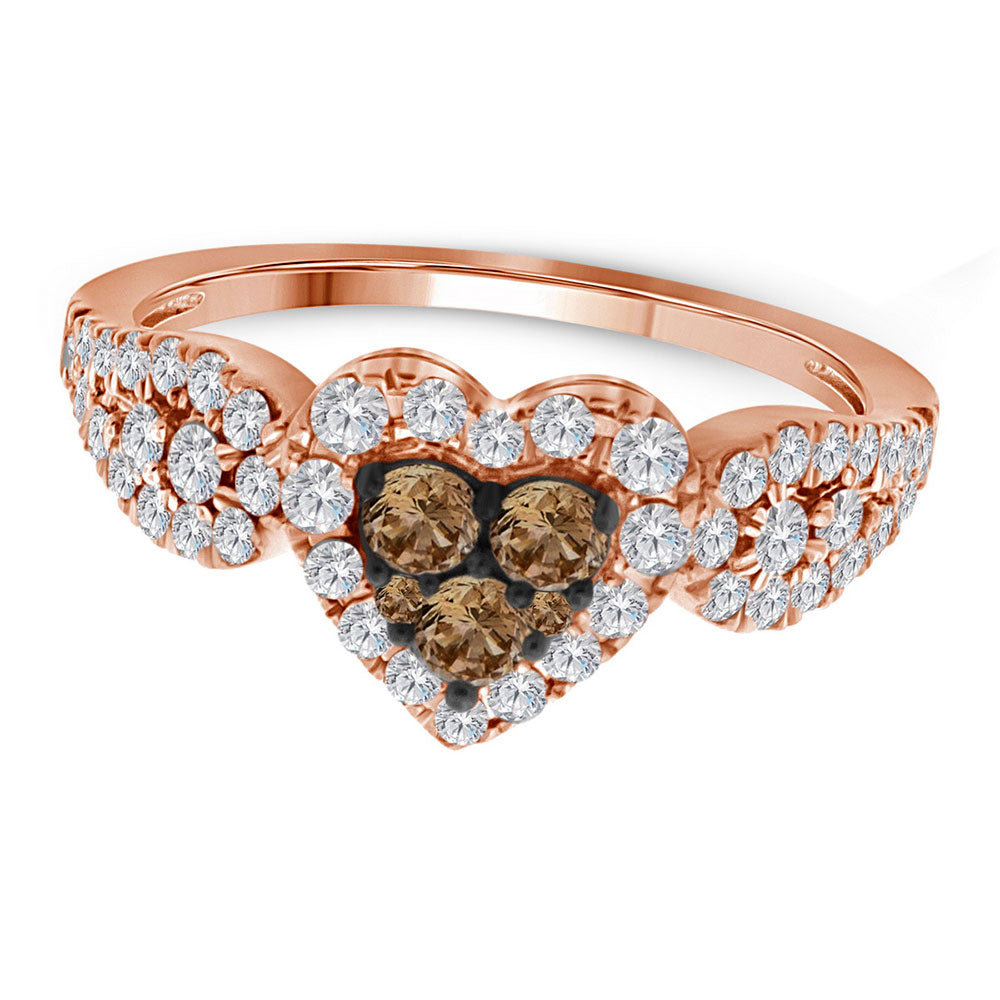 10kt Rose Gold Womens Round Brown Diamond Heart Ring 3/4 Cttw