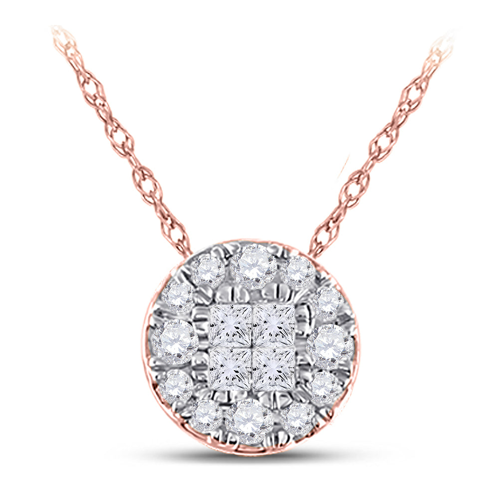 14kt Rose Gold Womens Princess Round Diamond Cluster Pendant 1/4 Cttw