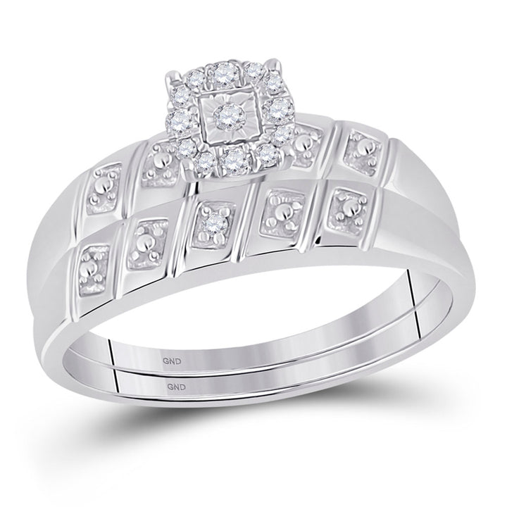 Sterling Silver His & Hers Round Diamond Cluster Matching Bridal Wedding Ring Band Set 1/10 Cttw