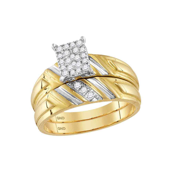 14kt Yellow Gold His & Hers Round Diamond Cluster Matching Bridal Wedding Ring Band Set 1/4 Cttw