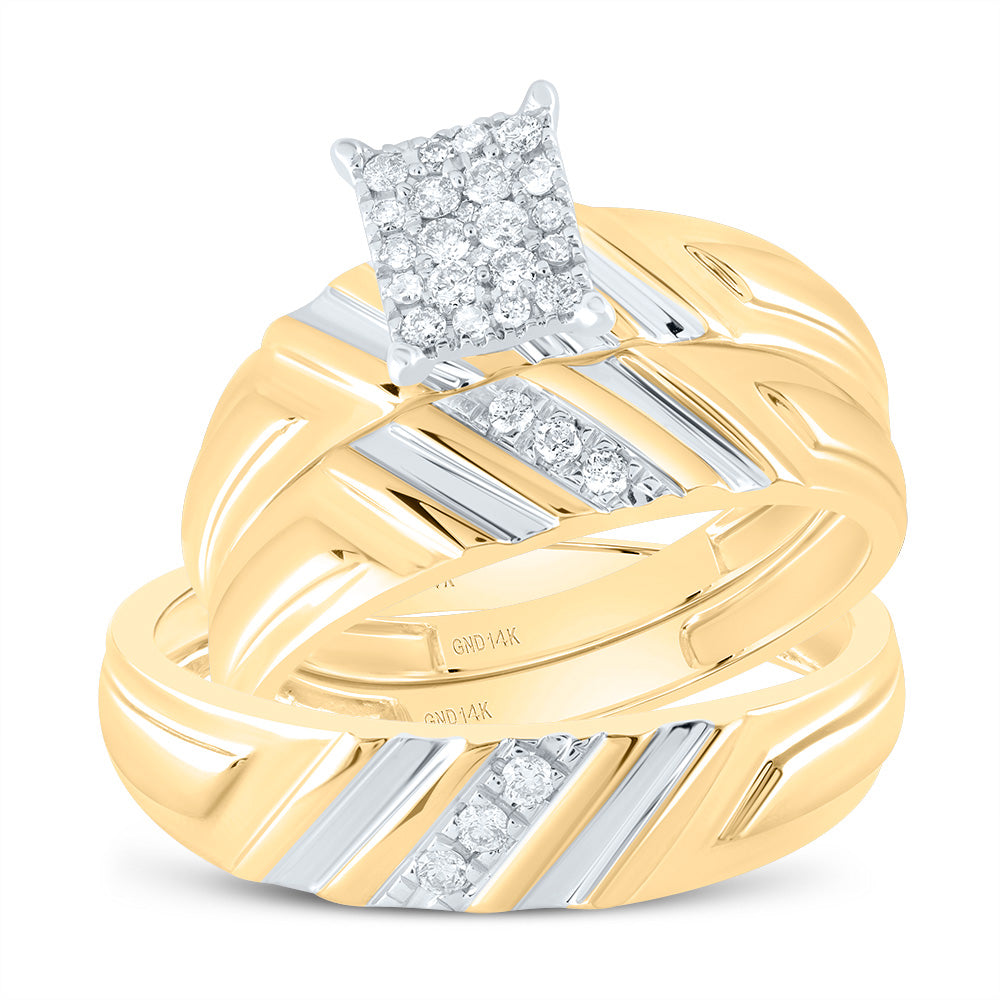 14kt Yellow Gold His & Hers Round Diamond Cluster Matching Bridal Wedding Ring Band Set 1/4 Cttw