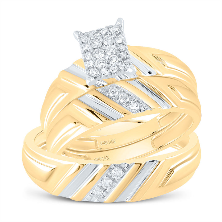 14kt Yellow Gold His & Hers Round Diamond Cluster Matching Bridal Wedding Ring Band Set 1/4 Cttw