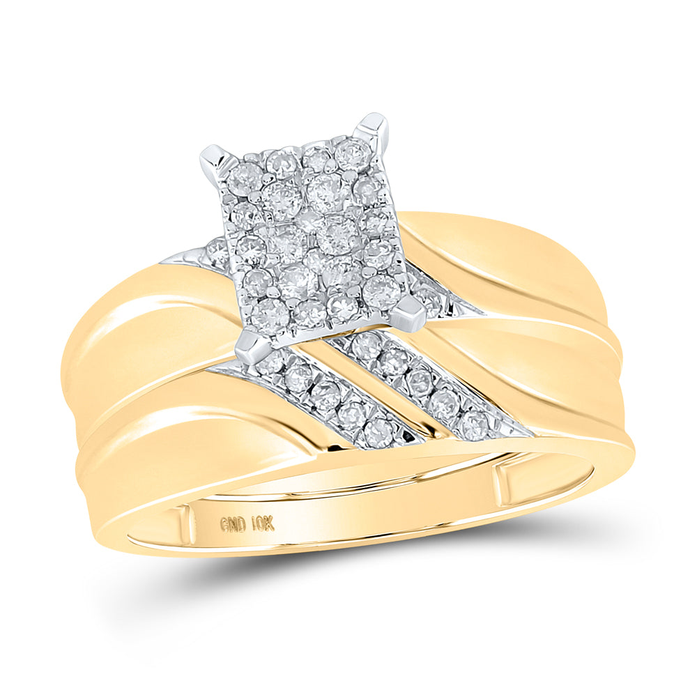 10k Yellow Gold Diamond Cluster Matching Trio His & Hers Wedding Ring Band Set 1/3 Cttw