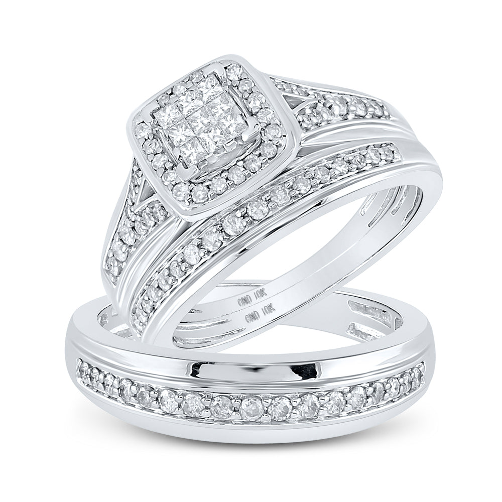 10kt White Gold His Hers Princess Diamond Cushion Matching Bridal Wedding Ring Band Set 3/4 Cttw