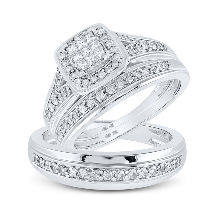 10kt White Gold His Hers Princess Diamond Cushion Matching Bridal Wedding Ring Band Set 3/4 Cttw