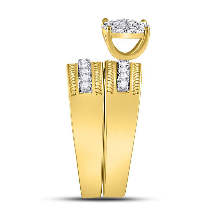 10kt Yellow Gold His & Hers Round Diamond Cluster Matching Bridal Wedding Ring Band Set 3/4 Cttw
