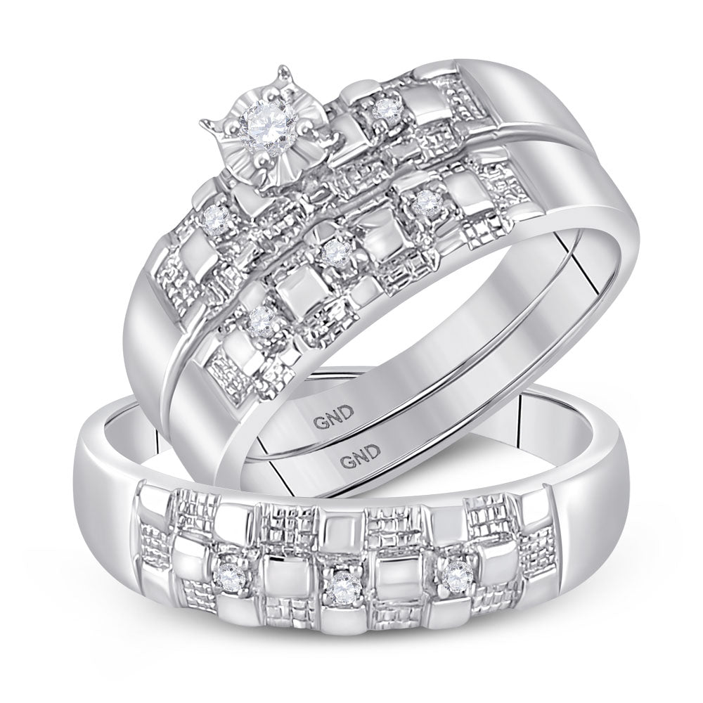 10kt White Gold His & Hers Round Diamond Solitaire Matching Bridal Wedding Ring Band Set 1/8 Cttw