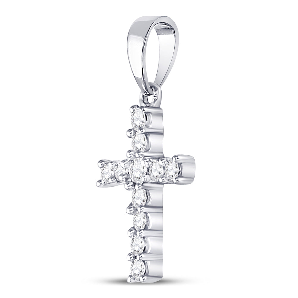 14kt White Gold Womens Round Diamond Cross Faith Pendant 1/8 Cttw