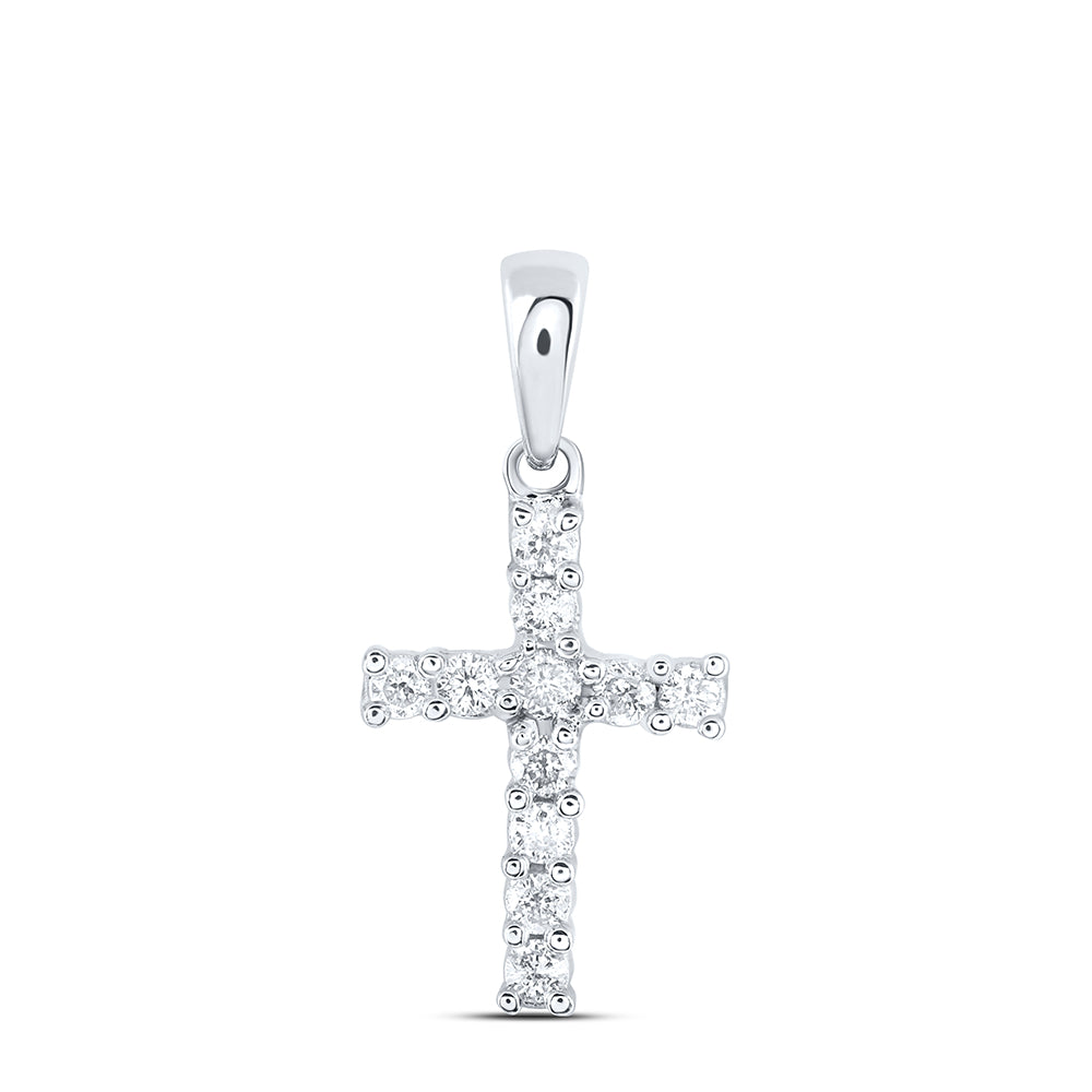 14kt White Gold Womens Round Diamond Cross Faith Pendant 1/8 Cttw