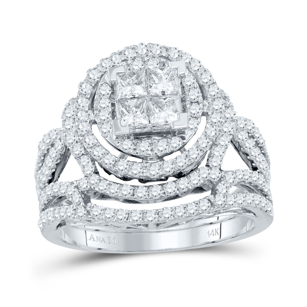 14kt White Gold Womens Princess Diamond Bridal Wedding Engagement Ring Band Set 1-5/8 Cttw