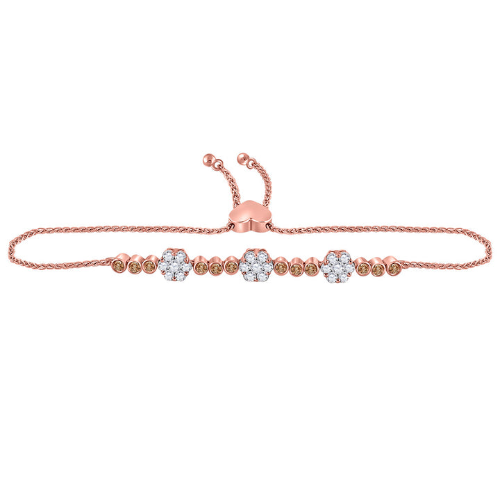 14kt Rose Gold Women's Brown Diamond Flower Cluster Bolo Bracelet 1 ctw