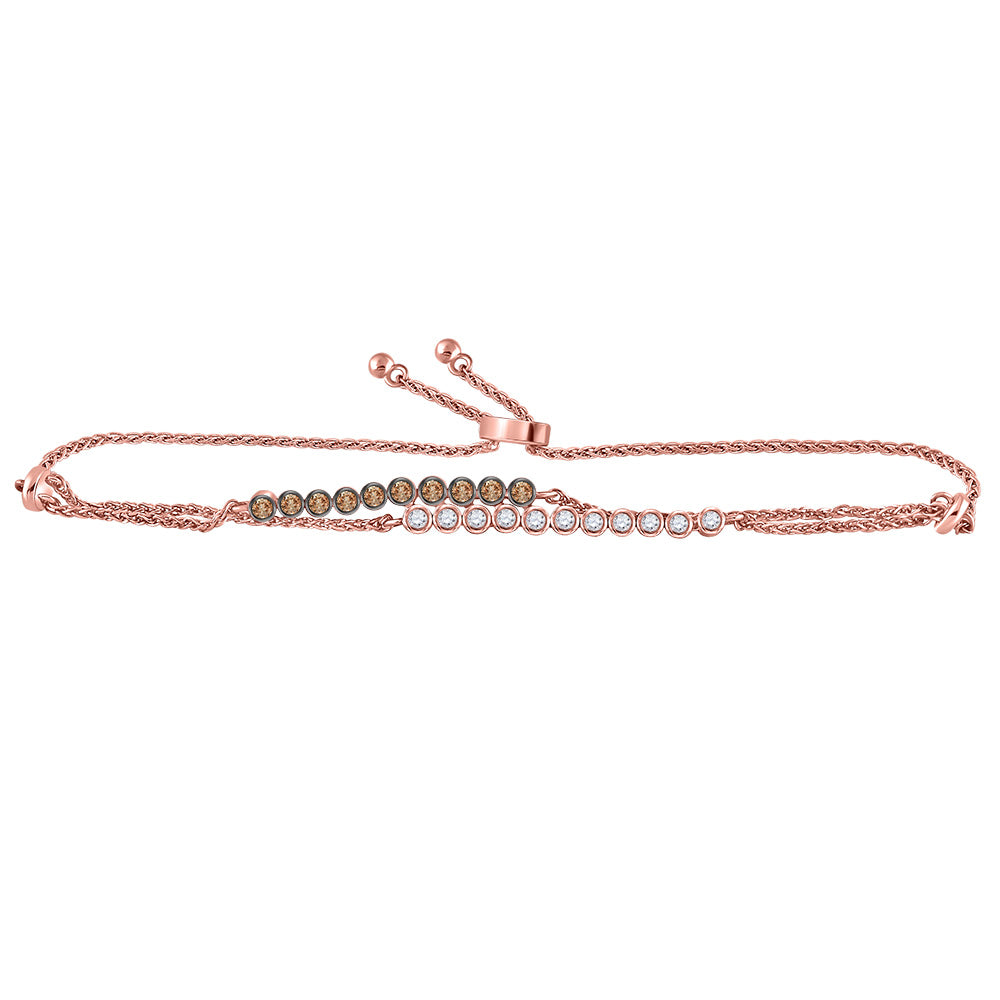 14kt Rose Gold Women's Brown and White Diamond Double Bolo Bracelet 1/2 ctw