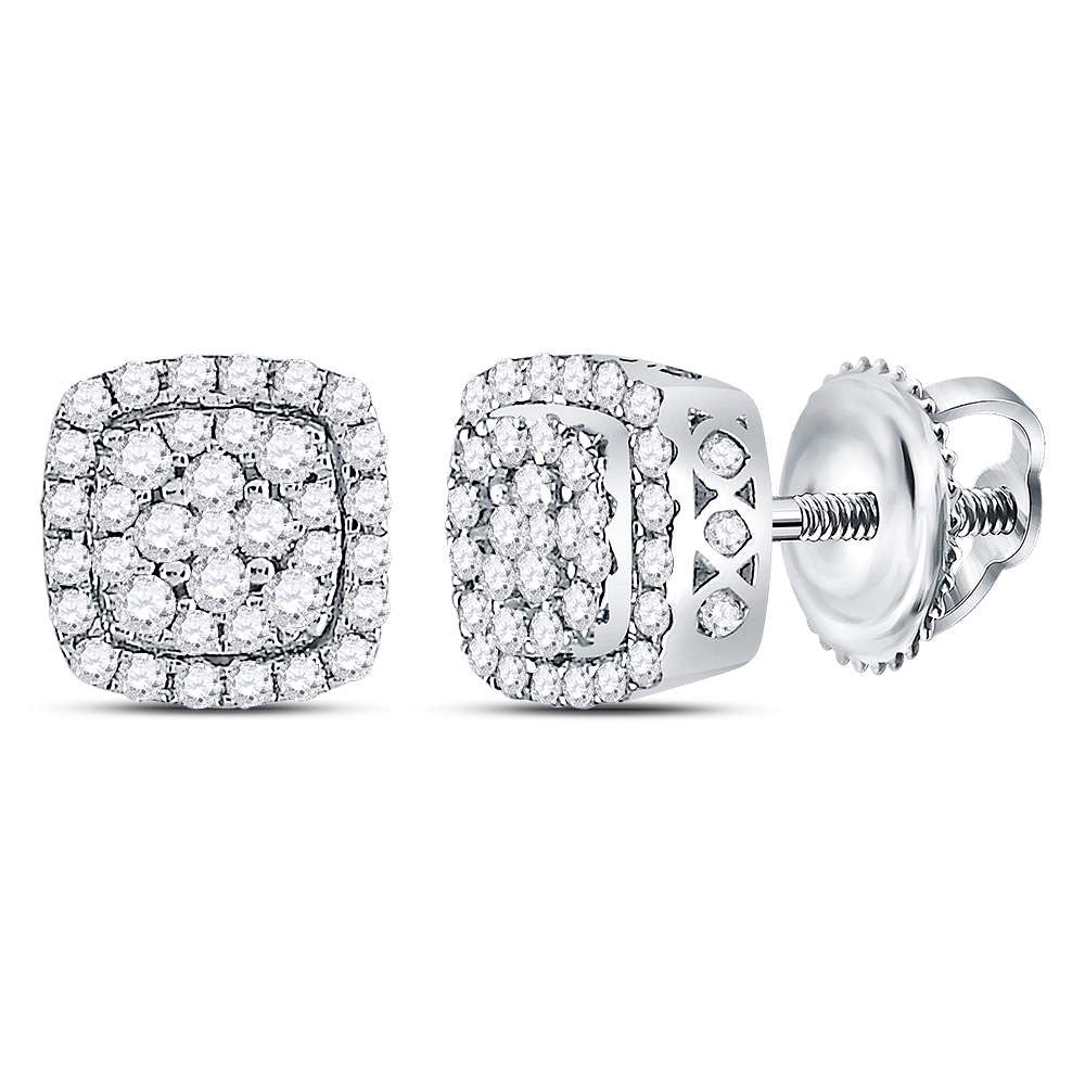 14kt White Gold Womens Round Diamond Square Frame Cluster Earrings 1/2 Cttw