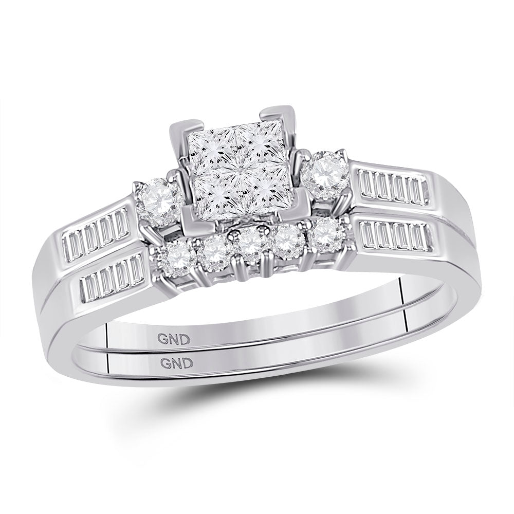 10kt White Gold Womens Princess Diamond Bridal Wedding Engagement Ring Band Set 1.00 Cttw - Size 10