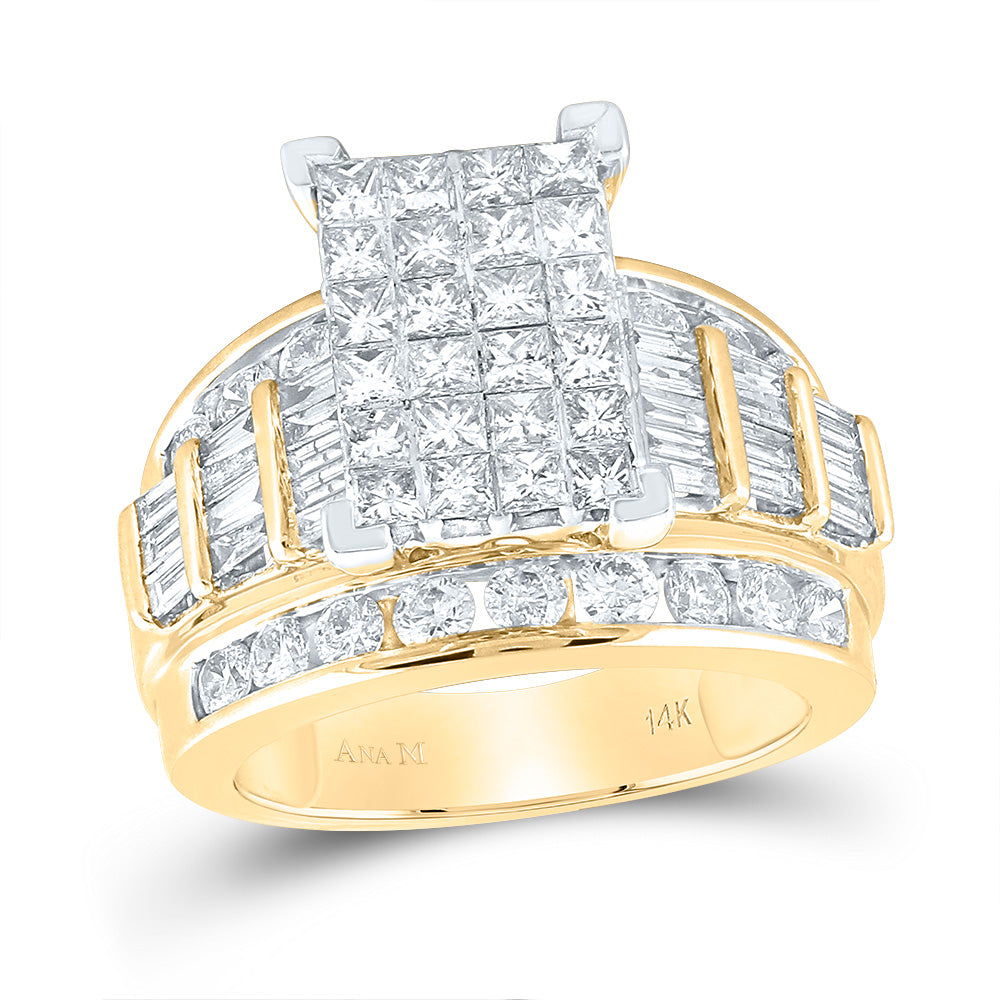 14kt Yellow Gold Womens Princess Diamond Cluster Bridal Wedding Engagement Ring 3.00 Cttw  Size 8