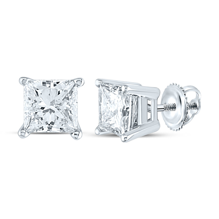 14kt White Gold Unisex Princess Diamond Solitaire Stud Earrings 1-3/8 Cttw