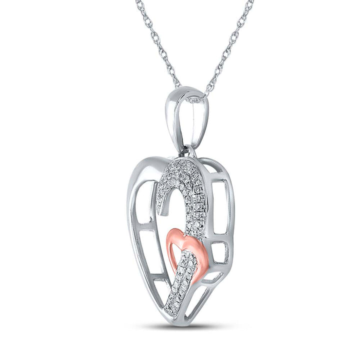 Sterling Silver Womens Round Diamond 2-tone Heart Pendant 1/6 Cttw