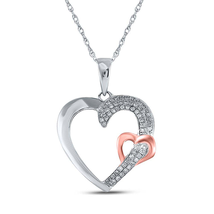 Sterling Silver Womens Round Diamond 2-tone Heart Pendant 1/6 Cttw