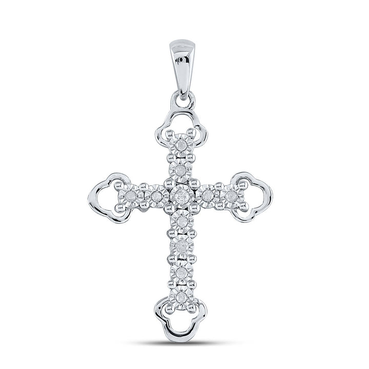 Sterling Silver Womens Round Diamond Trefoil Tips Cross Pendant 1/8 Cttw