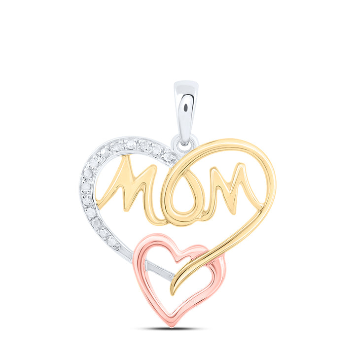 Sterling Silver Womens Round Diamond Tri-tone Mom Mother Heart Pendant 1/12 Cttw