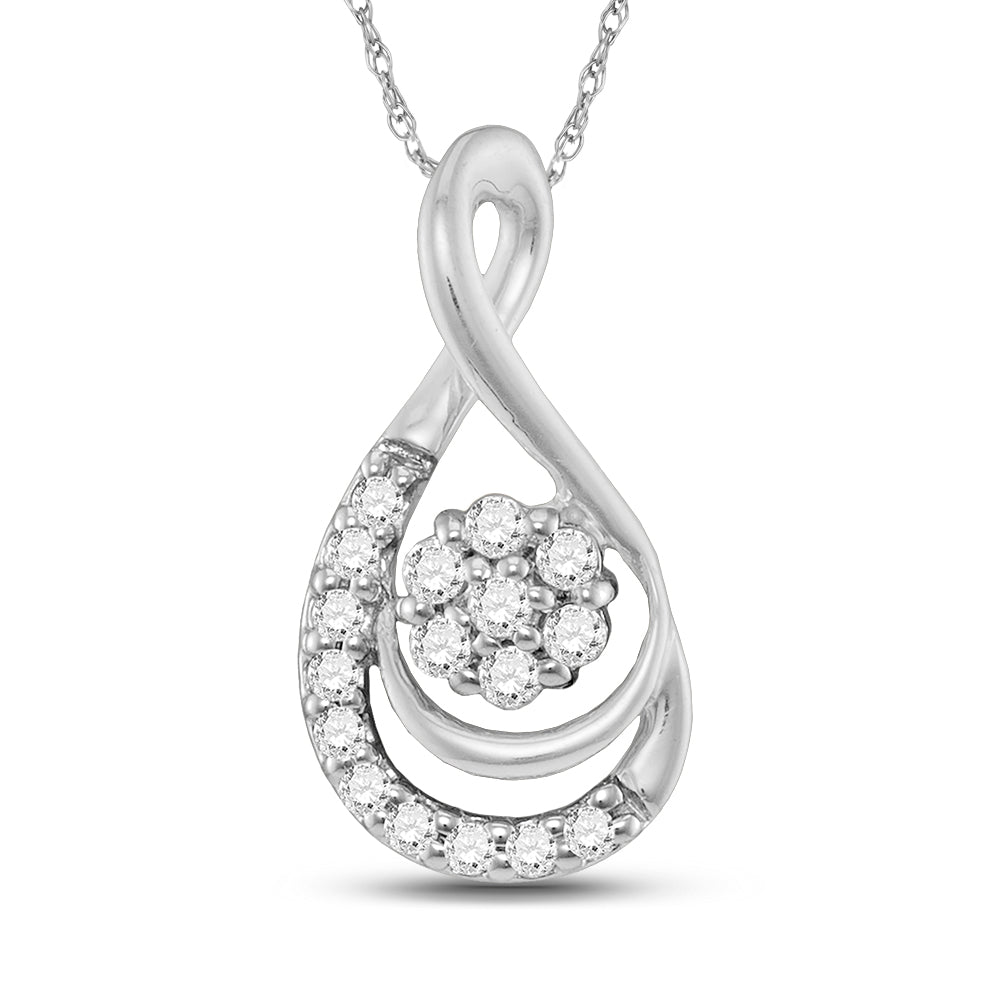 10kt White Gold Women's Diamond Flower Cluster Teardrop Pendant 1/10 ctw