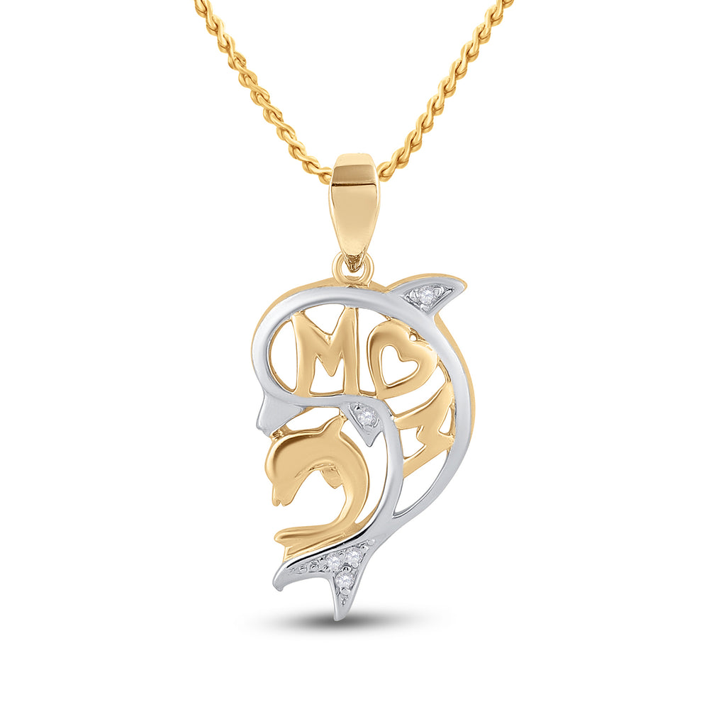 10kt Yellow Gold Women's Diamond Two-tone Double Dolphin Mom Pendant .03 ctw - view 2