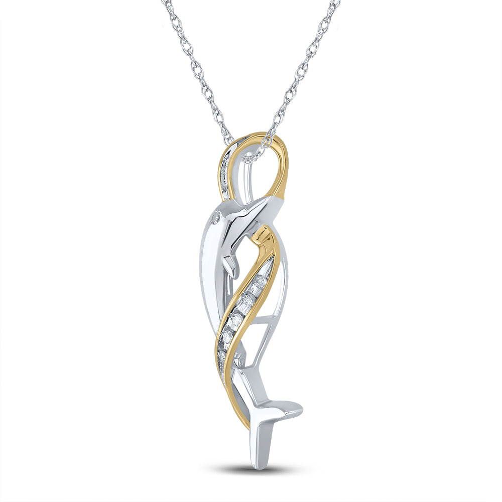 10kt White Gold Women's Diamond Cascading Ribbon Dolphin Pendant 1/20 ctw