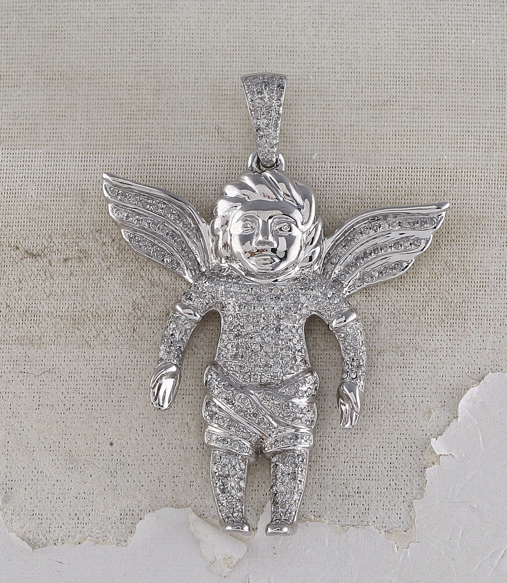 Sterling Silver Men's Round Diamond Angel Charm Pendant 7/8 ctw - view 2