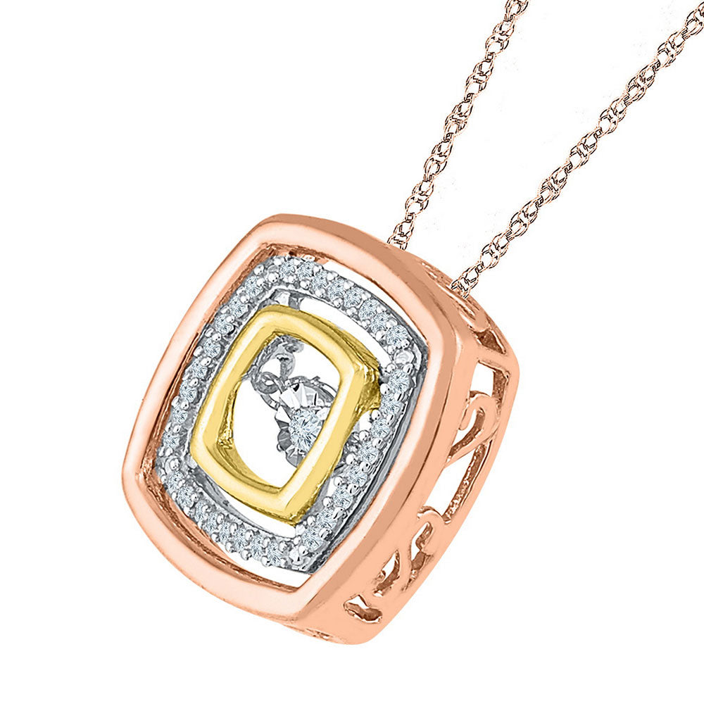 10kt Tri-Tone Gold Women's Diamond Square Moving Twinkle Pendant 1/8 ctw