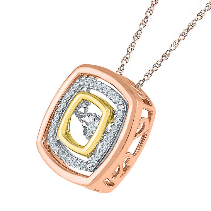 10kt Tri-Tone Gold Women's Diamond Square Moving Twinkle Pendant 1/8 ctw