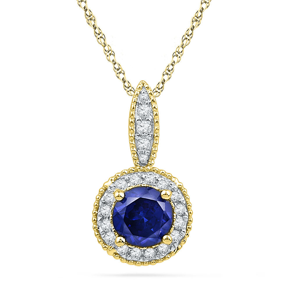 10kt Yellow Gold Women's Lab-Created Blue Sapphire Solitaire Diamond Frame Pendant 1/6 ctw