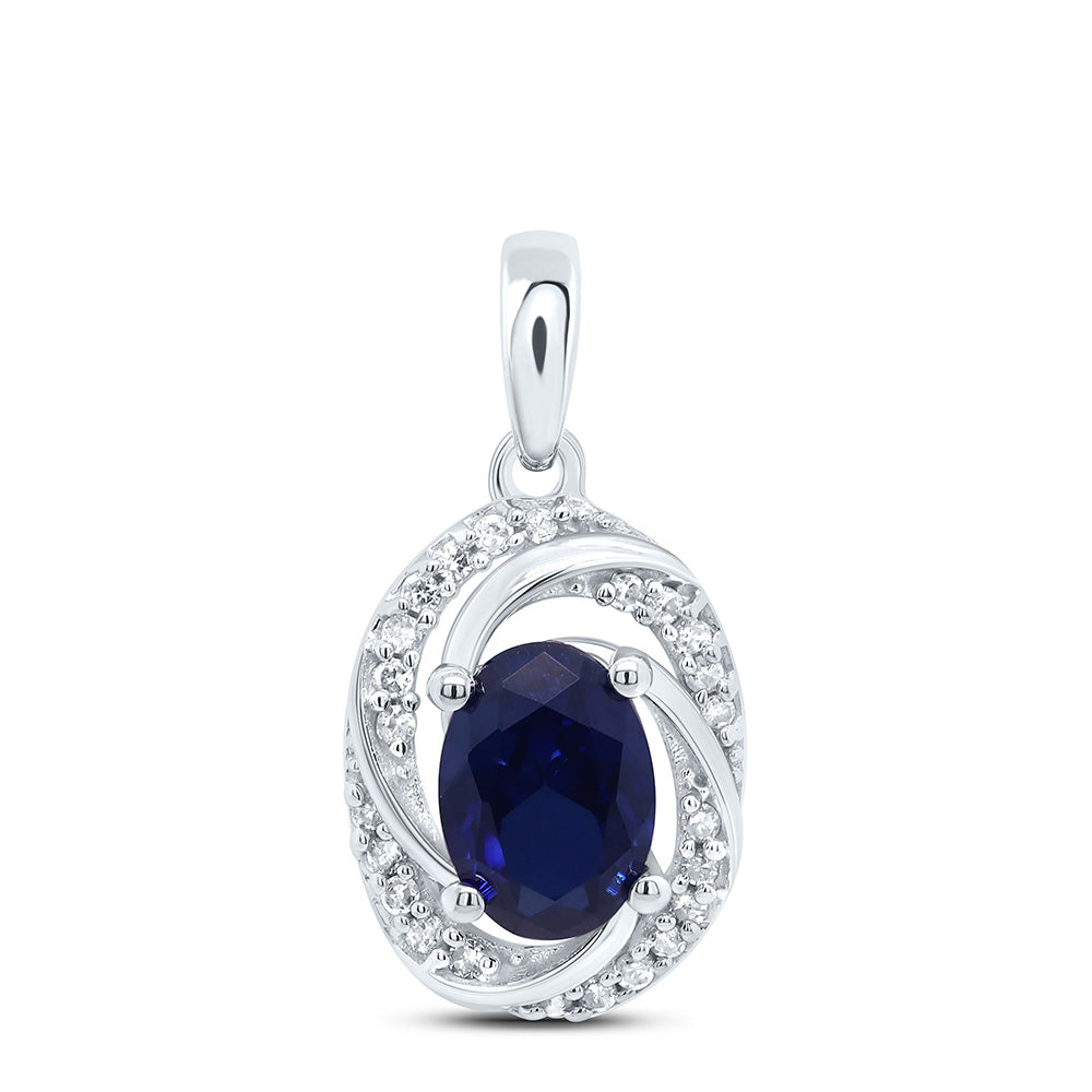 10kt White Gold Women's Oval Lab-Created Blue Sapphire Solitaire Diamond Pendant 1-1/3 ctw