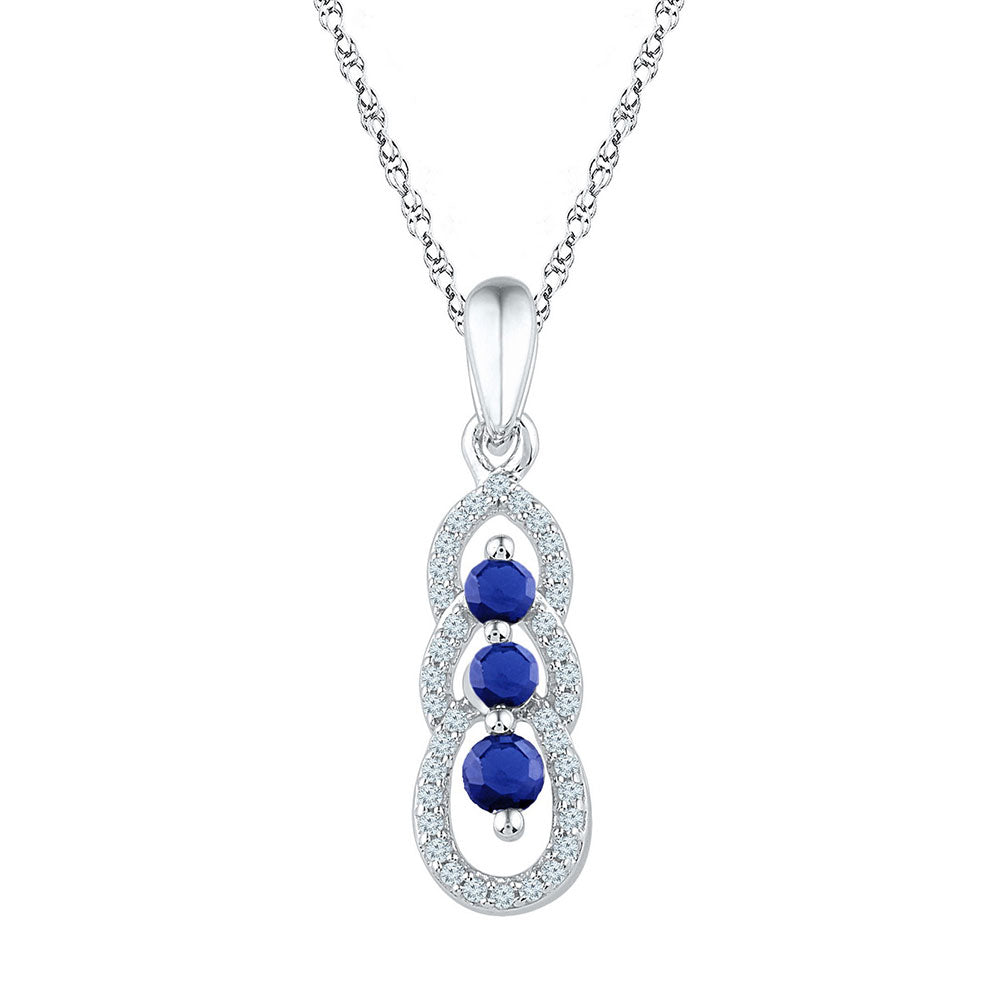 10kt White Gold Women's Lab-Created Blue Sapphire 3-stone Pendant 1/2 ctw