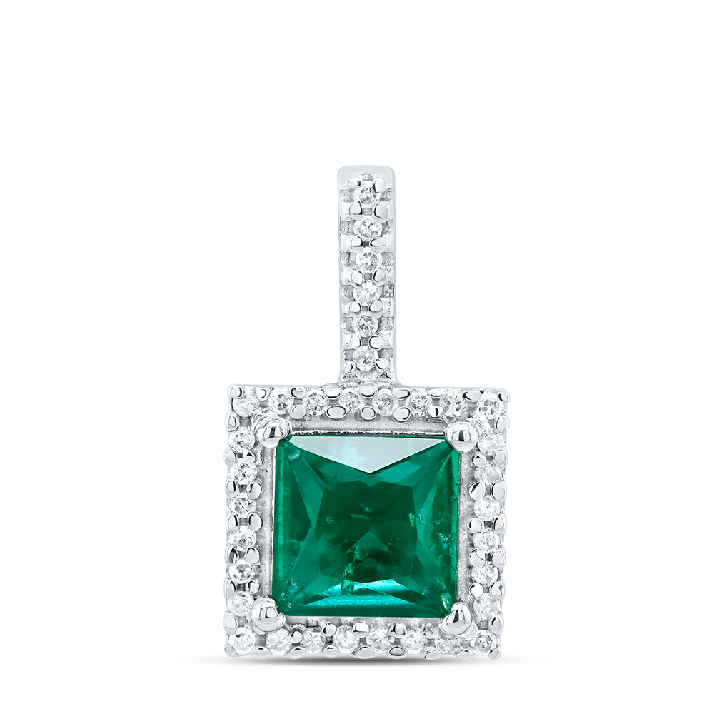 10kt White Gold Women's Cushion Lab-Created Emerald Solitaire & Diamond Pendant 1-3/8 ctw - view 2